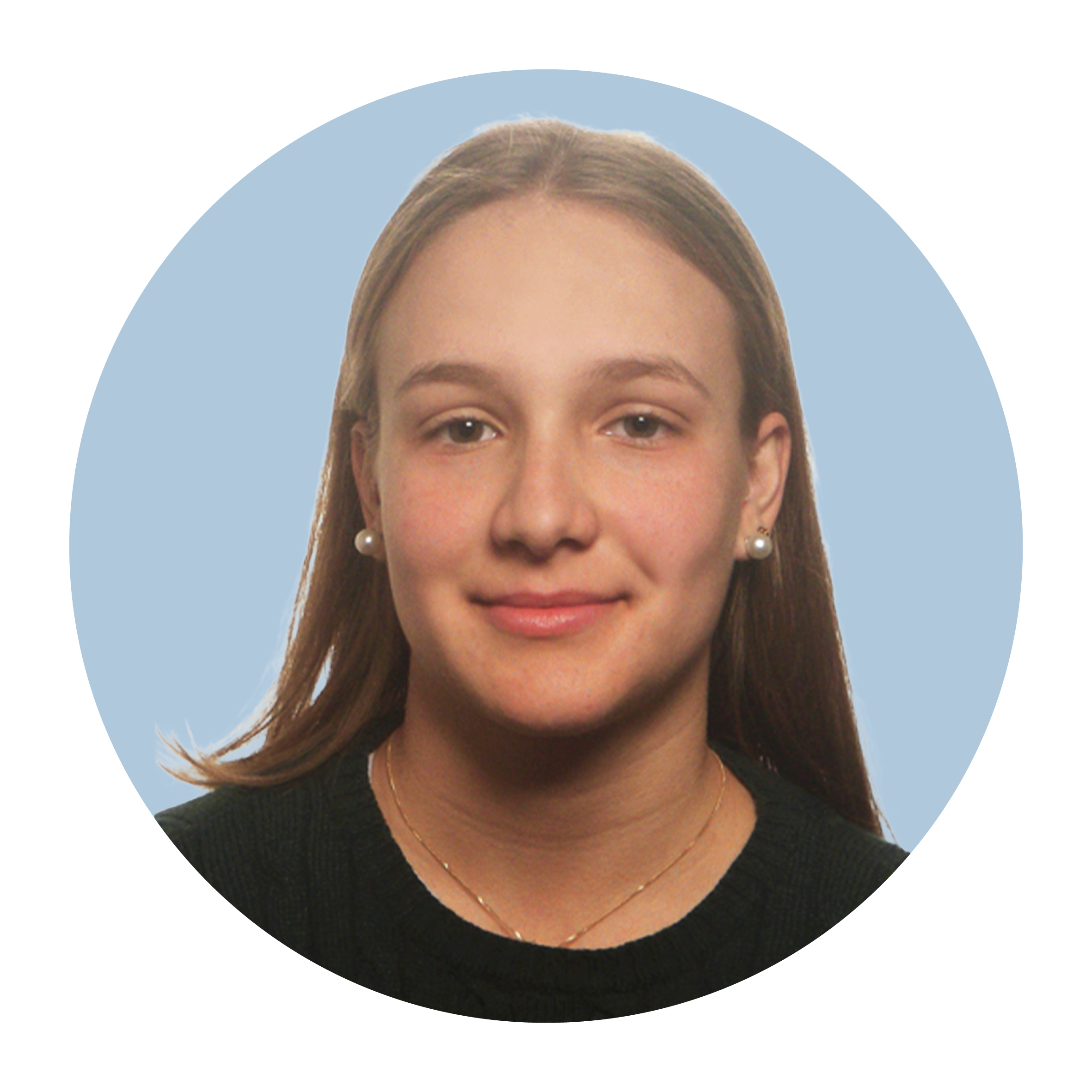Portrait of Dominique Eggenberger, a white woman with mid-length light brown hair worn loose behind the ears, wearing a black top and smiling.
