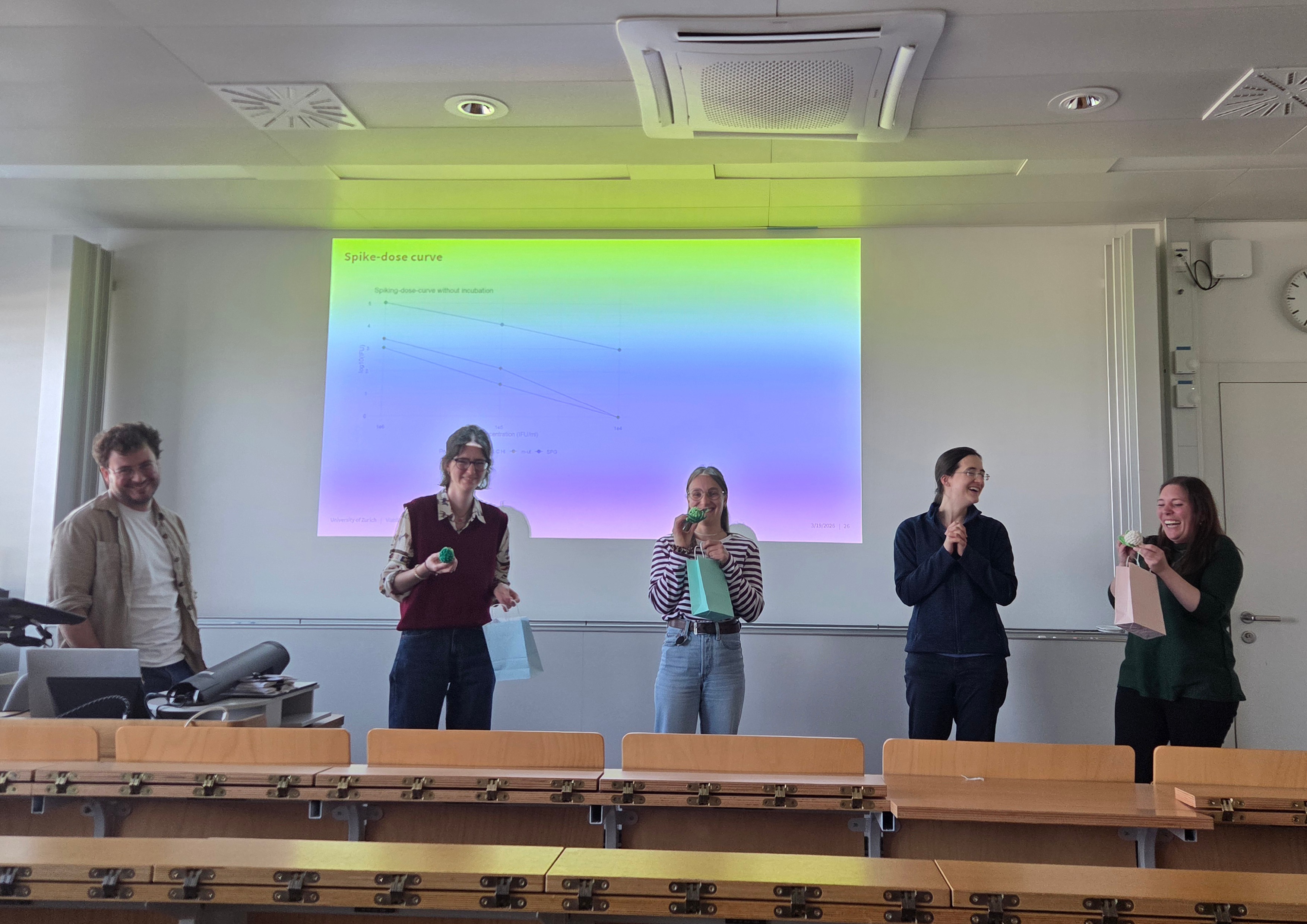 Group photo of Master’s students and team members at the Institute of Veterinary Pathology: Enrique Rayo, Emilia Senn, Dominique Eggenberger, Hanna Marti, and Lena Wiget.