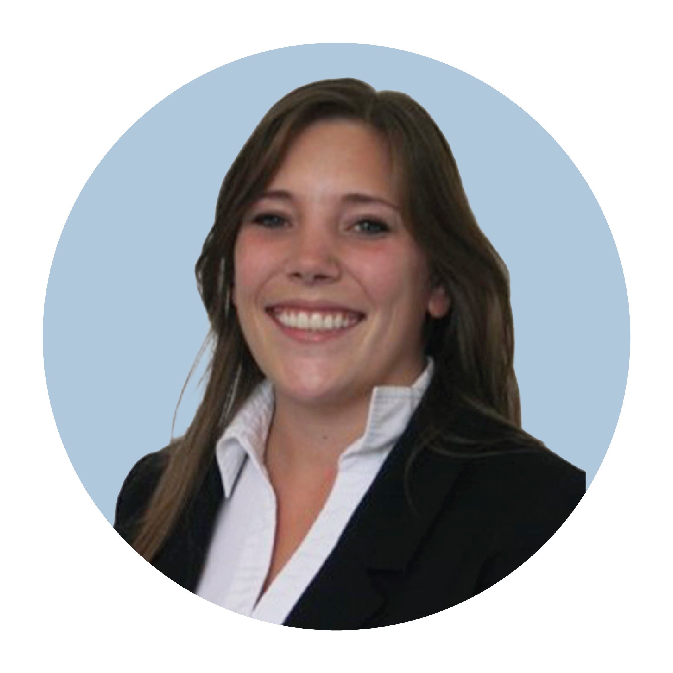 Portrait of Lena Wiget, a white woman with long brown hair worn loose, wearing a black Jacket and white top, smiling broadly.